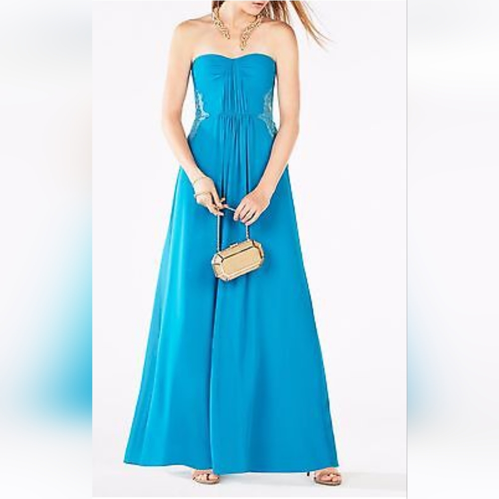 NEW BCBG MAX AZRIA CYAN ASHBY LACE-TRIM STRAPLESS GOWN JGK65H80/L421A SZ 10